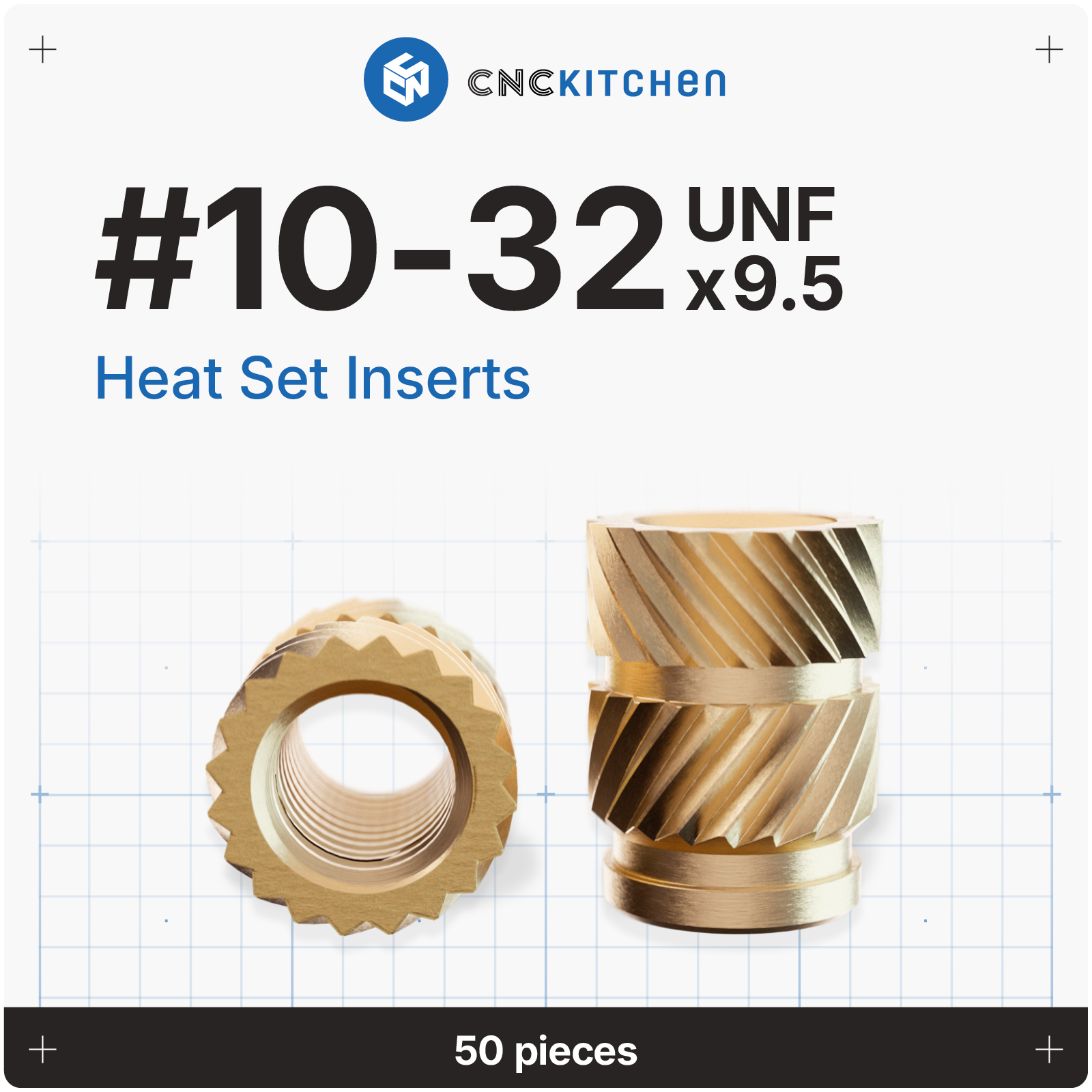 CNC Kitchen heat set inserts #10-32 UNF x 9,5 mm i messing, 50 stk.